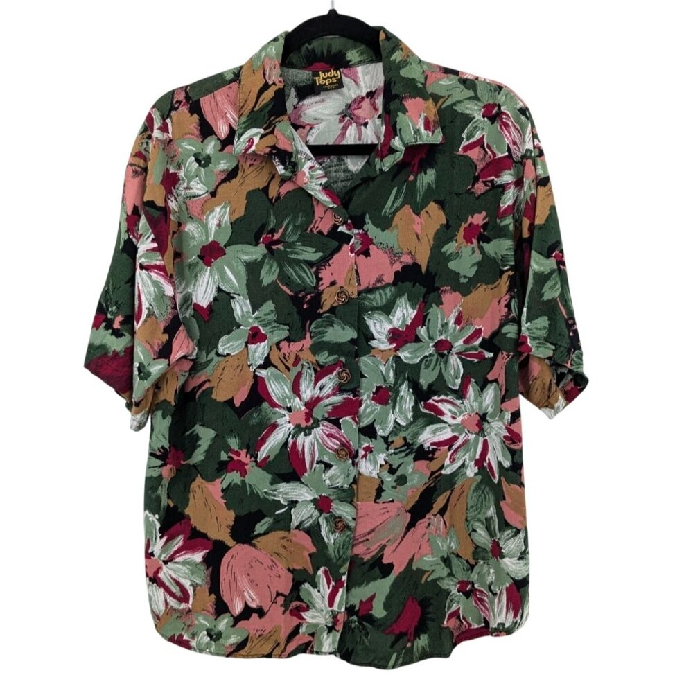 Vintage 90s Floral Button Up Shirt Women Size L Abstract Resort Tropical Coastal